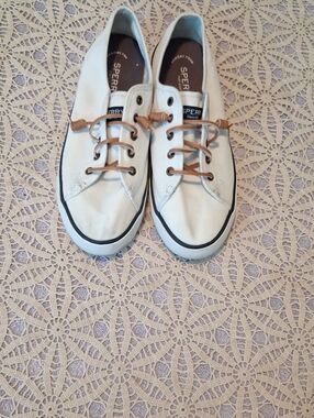 Sperry White Canvas Sneakers with Tan Laces